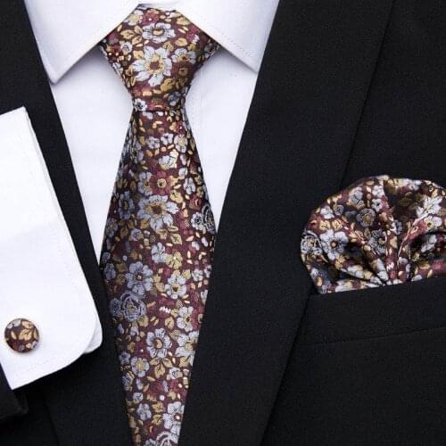 Gold Floral Ties For Men Shirts Silk Mens Tie Handkerchief Cufflinks Set 35Colors Neck Tie Barry.Wang Fashion Design S191