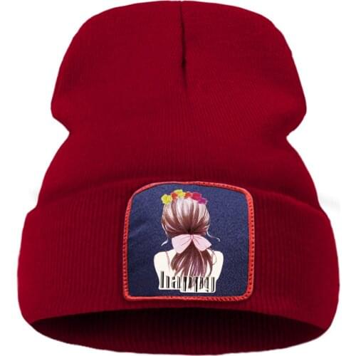 Kawaii Girl Back View Print Bonnet Cap Flexible Unisex Knitted Hats Thick Warm Cotton Beanie Hat Hip Hop Wool Skullies Caps