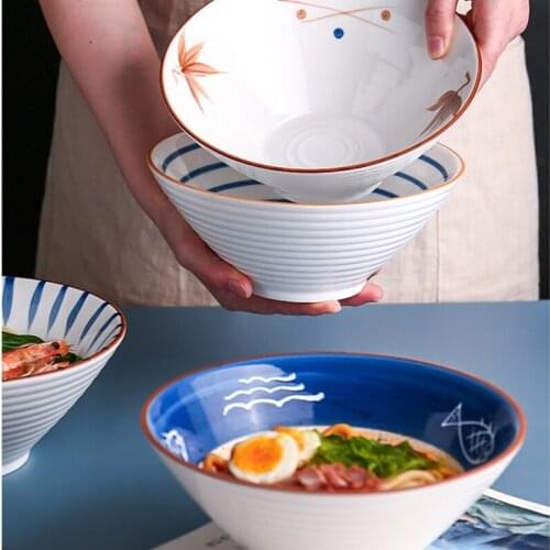 Japanese Style Ceramic Bowl Large Capacity Soup Noodle Bowl Household Ramen Fruit Salad Bowl Hotel Restaurant Kitchen Tableware