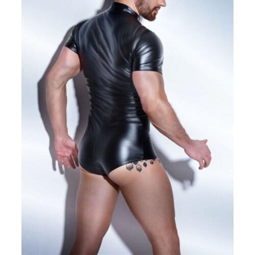 Man Sexy Lingerie Black Patent Seductive Wear PU Jumpsuit Exotic Short Sleeves Body Suit Party Pole Dancing Wear Faux Leather
