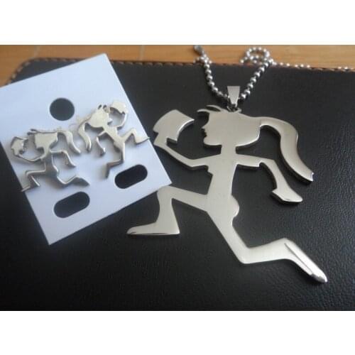 JEWELRY SET LARGE HIPHOP Silver HATCHETMAN hatchet women STAINLESS STEEL PENDANT BEADS CHAIN NECKLACE + EARRING STUDS SET