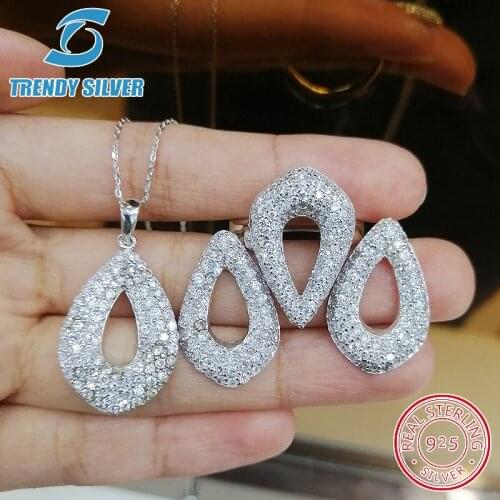 Complete pure 925 sterling silver zirconia clear CZ luxury jewelry set ring earrings for woman pendant necklace trendy design