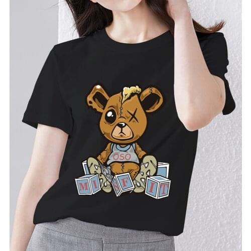 Summer T Shirt Kawaii Cartoon Bear Pattern Tee Shirt XXS-3XL Size Fashion Black Ladies Short Sleeve Tops Commute Women Clothes