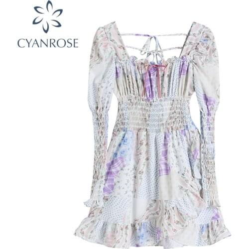 Sweet Vintage Print Midi Dress Women Puff Shoulder Fit And Flare Short Vestidos Korean Female Hem Ruffle Pleated Slim Dress Lady