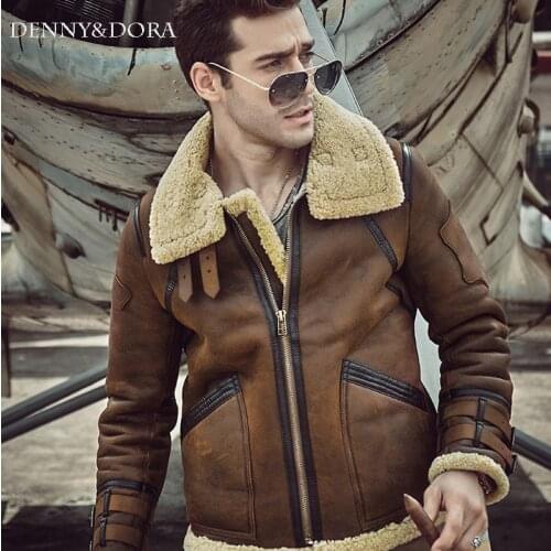 Mens Popular Shearling Jacket B3 Flight Jacket Short Fur Leather Jacket Winter Warm oat Motorcycle oat