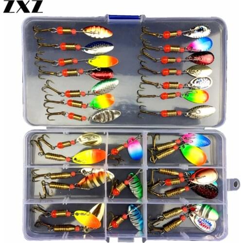 30pcs/box Mixed Fishing Lures Spinners Spoon Trout Bait Set Metal Lure Kit Sequins Lures Treble Hooks Fishing Tackle Hard Baits