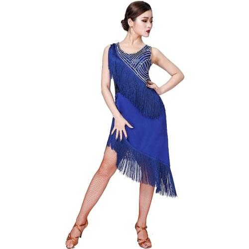 New 2019 Women Dance Clothes Salsa Samba Wear O-neck Fringes Competition Dress Sequins One-piece Latin Dresses for Girls