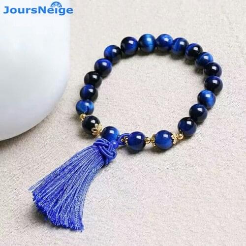 Wholesale Blue Tiger Cats Eye Natural Stone Bracelets 6mm Beads With Blue Tassel Pendant Crystal Single Lap Bracelet Jewelry