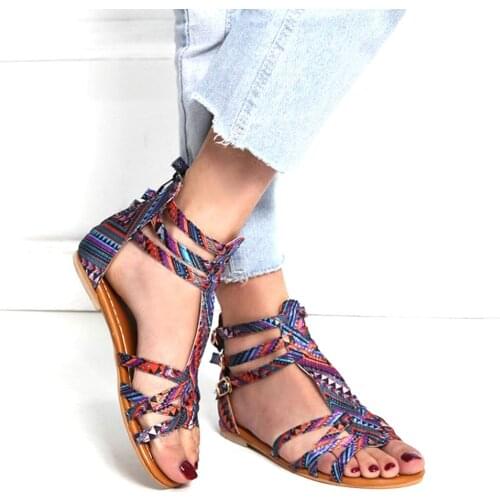 Dropshipping Slippers Womens Open Toe National Wind Embroider Sandals Bohemian Style Sandals Large Size Contrast Zipper Sandals