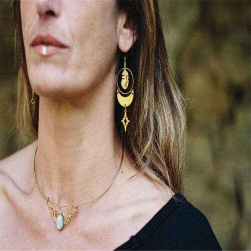 Face Moon and Star Earrings, Large Hoop Earrings with Abstract Faces, Dangle Earrings, Pop Art Earrings, Celestial Jewelry