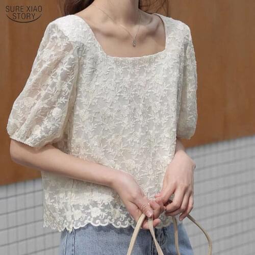 Vintage Short Sleeve Lace Blouses Korean Fashion Clothing Woemn Tops Blusas Mujer De Moda 2021 Puff Sleeve Summer Shirts 10219