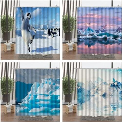 Winter Snow Mountain Shower Curtain Cute Penguin Iceberg Scenery Bath Screen Bathroom Accessories Set Home Decor With Hook