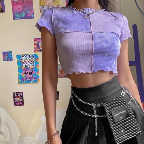 2021 New Summer Short Sleeve O Neck Purple Patchwork Female T Shirt Fashion Casual High Street Stretch Slim Simple Wild T Shirt