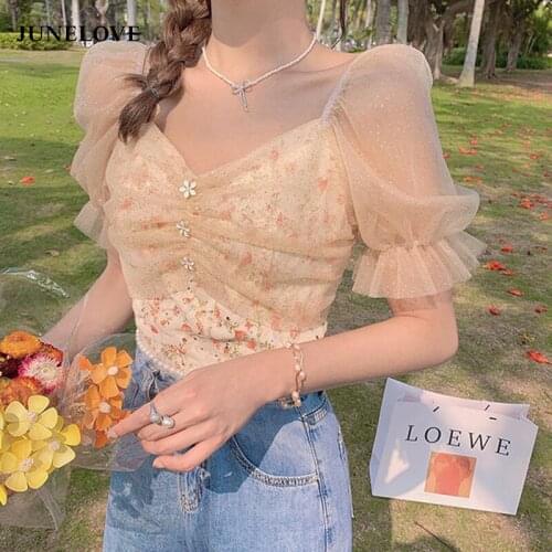 JuneLove 2021 Summer Floral Kawaii Top Women Print Short Sleeve Elegant Chic Korean Holiday French Retro Pretty Lace Tops Female