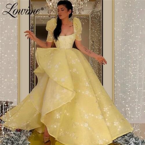 Yellow Prom Dresses 2020 Square Neckline Short Sleeves Long Party Dress Robe De Soiree Arabic African Evening Gowns Vestidos