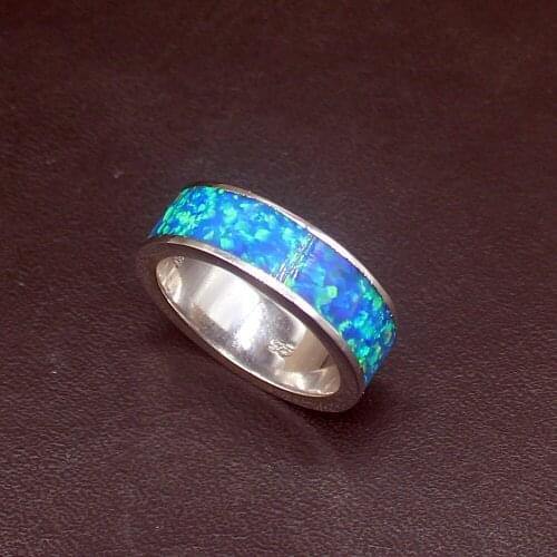Hermosa Elegant Mystical Blue Opal Genuine 925 Silver Band Ring Wedding Engagement Gifts for Women Size 7# 20214348