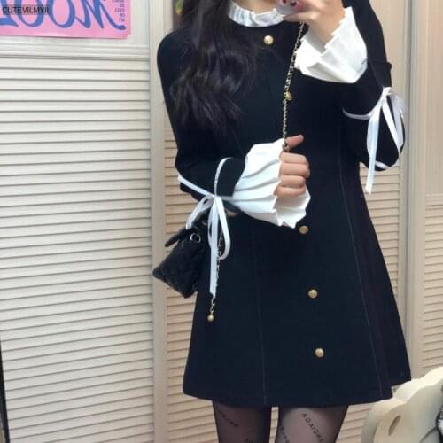 Japanese Preppy Style Spring Autumn Women Mini Dress Ruffled Collar Black Bodycon A-Line Vestidos Mujer Petal Sleeve Sweet Dress