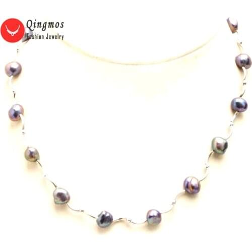 Qingmos Floating Natural Pearl Necklace for Women with 8mm Black Baroque Pearl Chokers Necklace and Silver Plated Elbow Jewelry