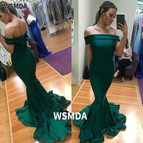 2021 Off-the-shoulder Zipper Mermaid Prom Dress Satin Sweep Train Trumpet Formal Party Gown Special Occasion Dresses Custom Made