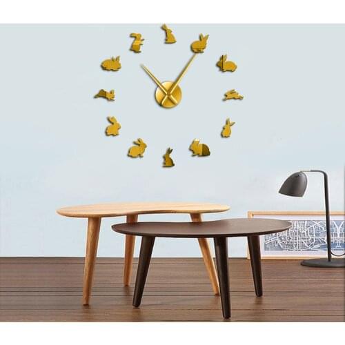 3D Rabbits Sticker Frameless DIY Mute Large Wall Clock Nursery Art Mirror Wall Stickers Kid Room Home Decor Easter Bunny Watch