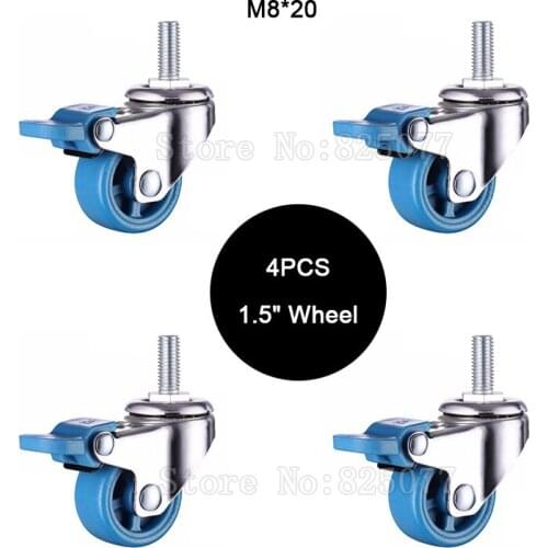 4PCS Mini 1.5" Mute Wheel With Brake Loading 25kg Replacement Swivel Casters Rollers Wheels With M8*20 Screw Rod JF1583