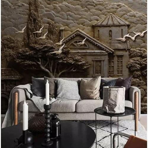 8d Stereo relief forest Wall paper Mural 3D Abstract Cabin Big Tree bird Wallpaper sticker paper For Living room Wall Murals
