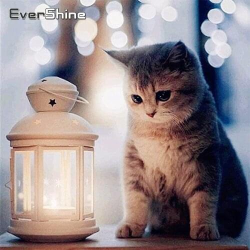 EverShine Full Drill Diamond Painting Cat Mosaic Diamond Embroidery Animals Needlework Light Picture Rhinestones Wall Decor Home