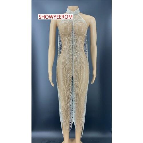 Sparkly Silver Rhinestone Mirror Elastic fabric Long Dress Women Birthday Stage play Celebrate Dress Dancer Party Show Dress