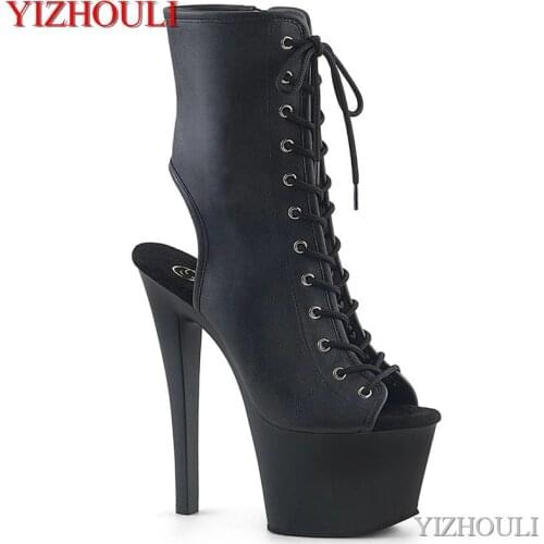 Matte black 7in ankle boots, 17cm stiletto heels on nightclub stage, sexy open-toe pole dancing shoes