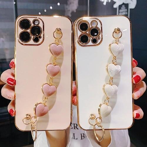 Love Heart Fabric Hand Bracelet Holder Case For iPhone 12 Pro Max 11 Pro Max 7 8 Plus XR XS Max X Gold Electroplated Soft Cover