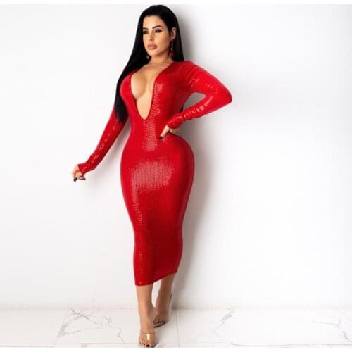 Women Solid Sparkling Sexy Dress S-4XL Christmas Deep V Neck Bodycon Long Vestidos Night Club Robes HB276