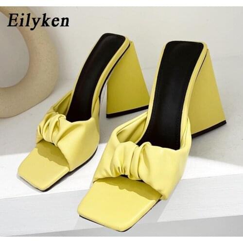Eilyken 2021 New Square Toe High Heels Sexy Slippers Female Outdoor Slides Shoes Summer Pleated Leather Party Woman Sandals