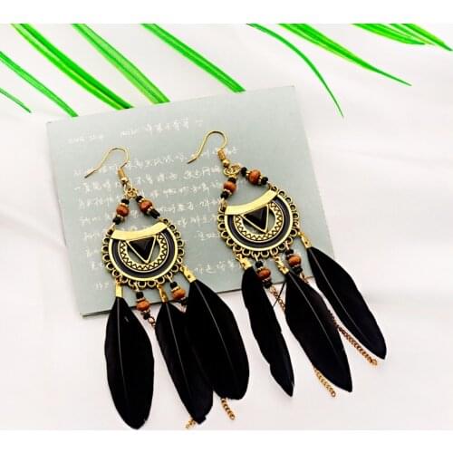 Ethnic 2019 Long Tassel Black Feather Earrings For Women Big Metale Statement Bohemian Dangle Earrings Bijoux Pendant Wedding