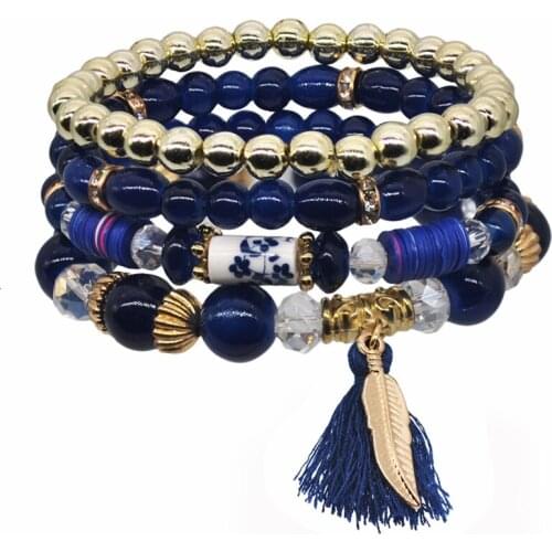 Boho Beaded Crystal Bracelets & Banglets Set For Women Vintage Multi-layer Tassel Leaves Bracelet Female Fashion Charm Jewelry