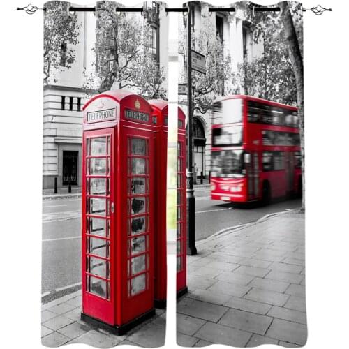 Red Telephone English Street Window Curtains Living Room Kitchen Curtains for Bedroom Left and Right Biparting Open Curtains