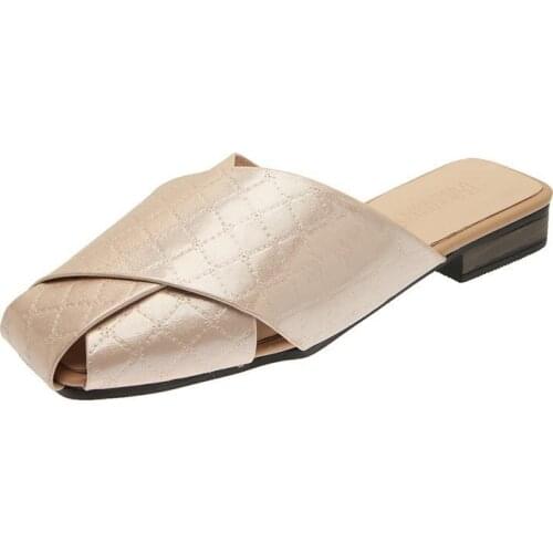 Summer Slippers Womens Korean Fashion Dress Baotou Half Slippers Square Head Low Heel Fashion Sandal