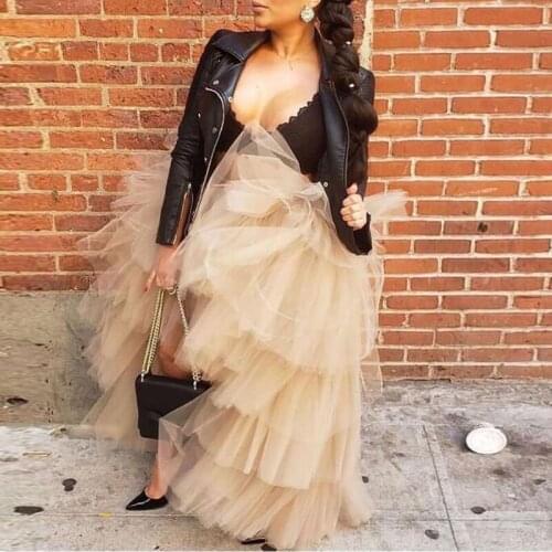 Street Style High Low Chic Tiered Tulle Skirts Ruffled Long Skirt Bridal Bridesmaid Tulle Skirt Custom Made Fashion