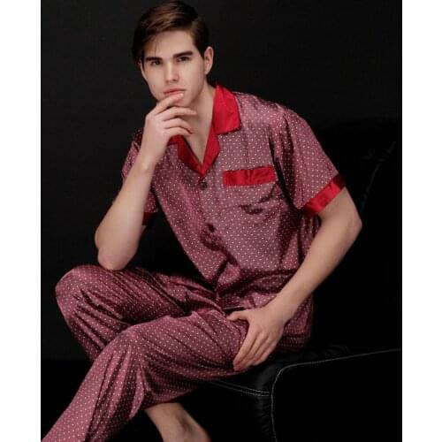 Mens Stain Silk Pajamas Sets Men Short Sleeve Shirt Trousers Pajamas Suit Spring Cardigan Red Printed Silk