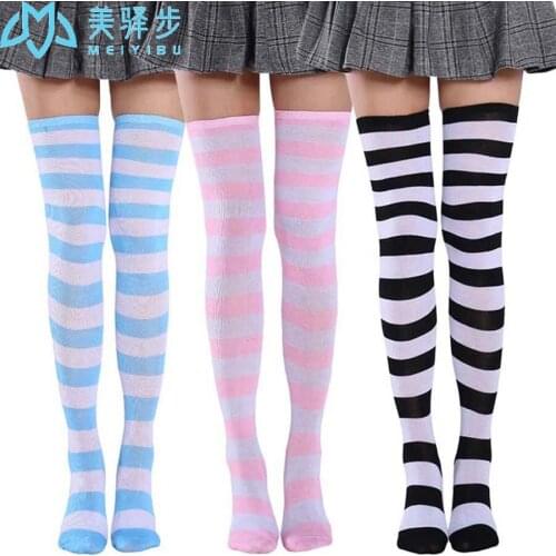 6 Pairs Per Set Summer Socks Stockings Ladies Japanese Blue and White Striped Over Knee Socks Lovely Womens Cute Stocking