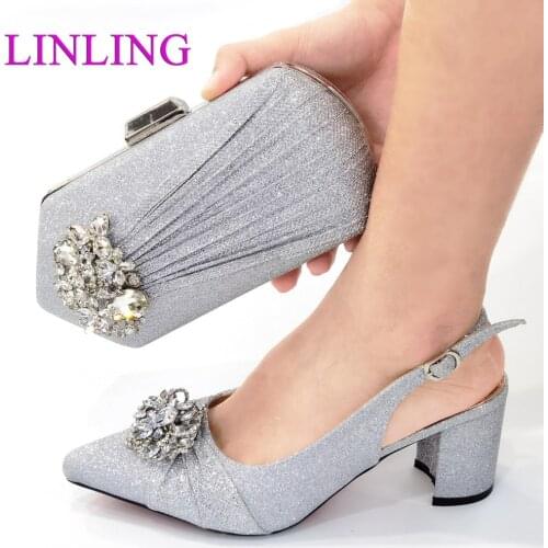Newest Fashion Party Shoes And Bags To Match Silver Color African Shoes and Bag Set Italian Wedding Summer 2021 Shoes And Bag