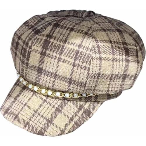 2021 Autumn New Fashion Newsboy Hat For Women Vintage Plaid Cap Pearls Chain Scottish Tartan Pattern Chapeau Octogonal Retro