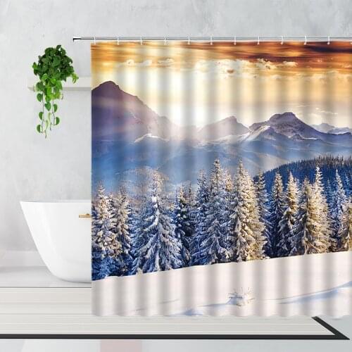 Winter Forest Snow Scene Shower Curtains Mountains Sunrise Snowfield Christmas Decoration Bathroom Bath Curtain Fabric With Hook