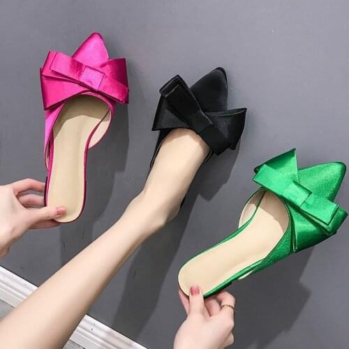 2019 womens shoes spring and summer Korean silk satin Pointed bow tie slippers Baotou flat heel sets semi sandals slippers