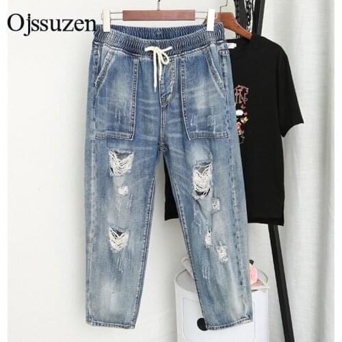 Womens Jeans Denim Pants Harem Lace Up Torn Womens Jeans Ripped Hole 5XL Plus Size Blue Elastic Waist Distressed Jeans Woman