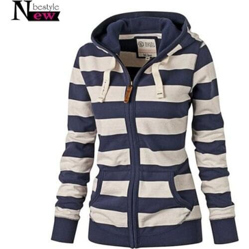 2019 Women Hoodies Long-sleeved Striped Sweatshirts Soft Coat Zipper Fly Pocket Baseball Jacket Hooded Hoodies Clothing Vestidos