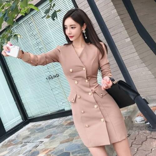 Double Breasted Blazer Dress Women V-Neck Long Sleeve Sheath Dress Korean Office Lady Luxury Elegant Autumn Party Dress C910