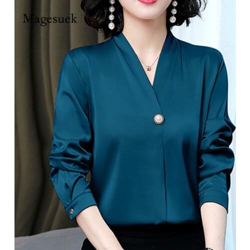 8 Colors Plus Size Chiffon Shirt Korean V-neck Silk Satin Office Blouse Women 2021 New Fashion Long Sleeve Slim Button Top 13043