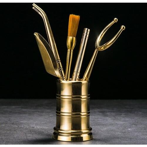 Pure Yellow Copper Tea Accessories Tea Knife Spoon Clip Tea Cup Holder Jar Chinese Kung Fu Teaware Tool Crafts As Flower Vase