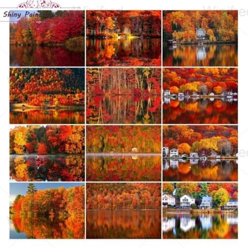 5D DIY Diamond Painting Autumn Tree Lake Reflection Landscape Cross Stitch Kit Scenery Diamond Embroidery Home Decor Wall Art