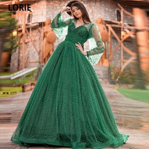LORIE Green Evening Dresses with Full Sleeve V-neck Pearl Tulle Princess Prom Gowns Long Formal Party A-line Celebrity Dresses